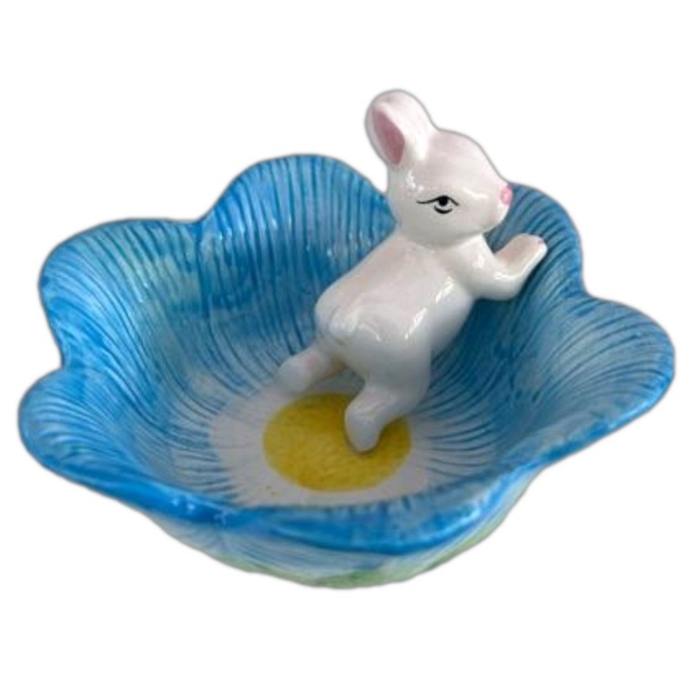 Vintage Easter Ceramic Candy Dish Flower Dish with Cutest Bunny Inside